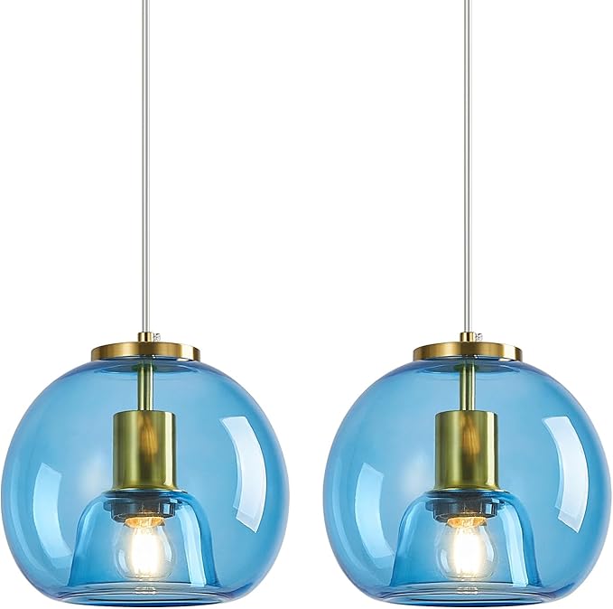 Light Blue Glass Pendant Lights Kitchen Island Gold Hanging Light Fixture Glass Globe Pendant Light Modern Pendant Lighting for Kitchen Island Bedroom Dining Room (7.87", B Style-2 Pack)