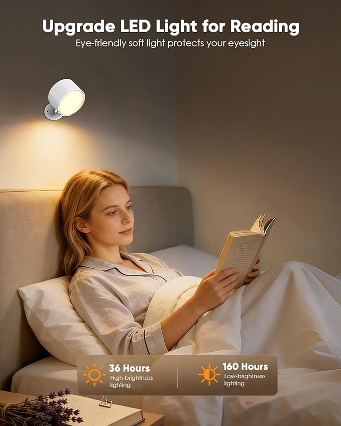 LED Wall Mounted Lights 2 Pcs with Remote, Rechargeable Wall Sconce with 3 Color Temps & Dimmable Magnetic 360° Rotation Cordless Light for Bedroom Reading Bedside (White, 2 Pack)