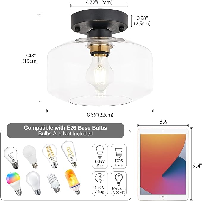 BISAMIYA Modern Semi Flush Mount Ceiling Light - Matte Black with Brass Accent & 8.66” Clear Glass Shade - for Kitchen, Dining Room, Hallway & Entryway