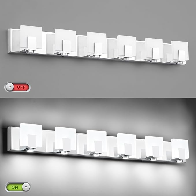 SOLFART Vanity Lighting Fixtures Stainless Steel Acrylic Chrome Vanity Lights Modern LED 6 Lights Bathroom Light