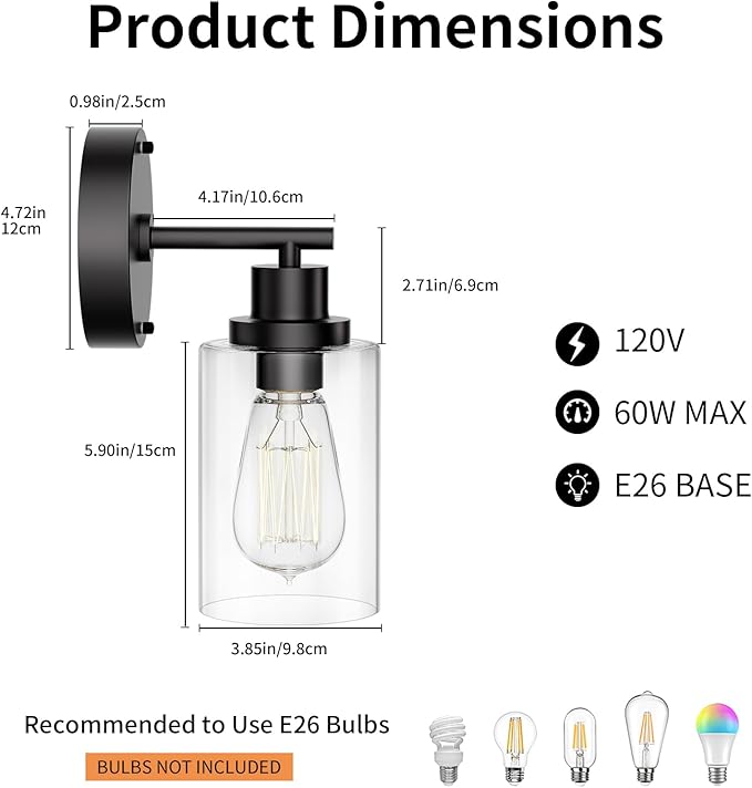 BUTHY Black Wall Sconce Light: Modern Wall Sconces Indoor, LED Wall Light Fixtures with E26 Base and Clear Glass Shade, Sconces Wall Lighting for Hallway, Bedroom, Living Room, and Mirror