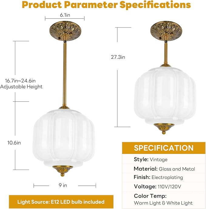 9in White Milk Glass Ceiling Light, LED Bulb Included, Vintage Schoolhouse Semi Flush Mount Pendant Light Art Deco Chandelier for Kitchen Dining Room Hallway Bedroom, Antique Gold & White