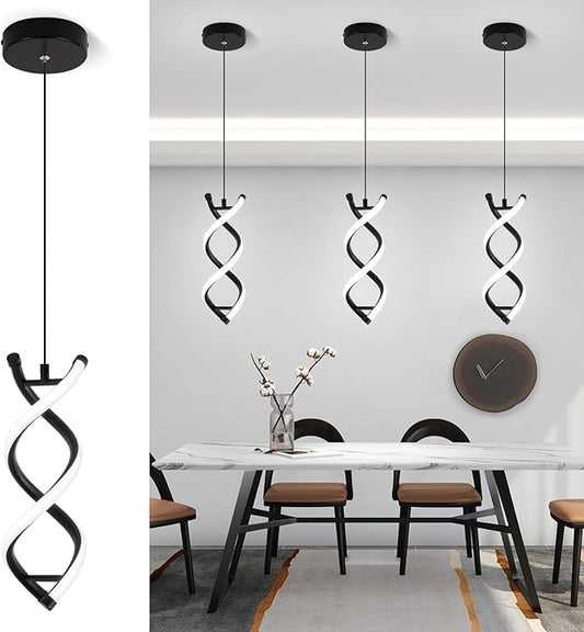 CANEOE Spiral Led Pendant Light Fixture,15W 6000K Modern Integrated LED Hanging Lamp, Adjustable Height Black Kitchen Island Light Fixture for Dining Room Bedroom Kitchen Sink, 1 Pack (Black)