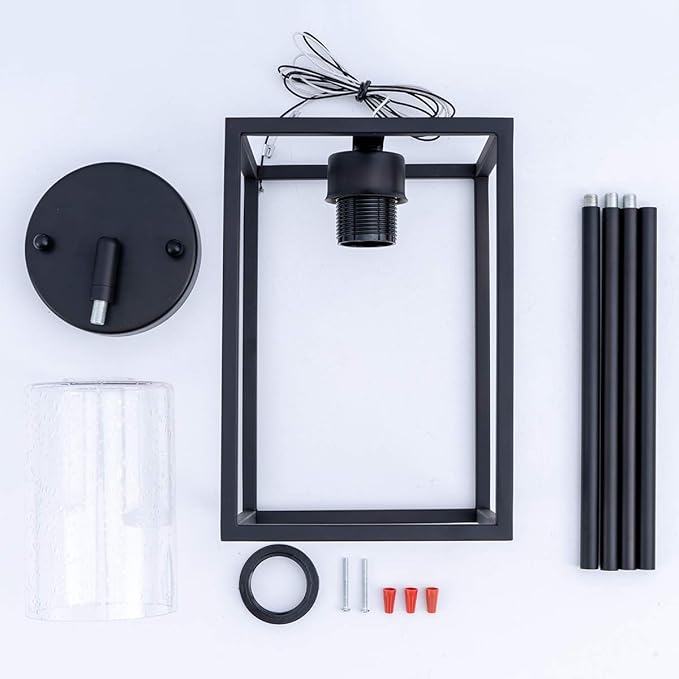 VILUXY Black Pendant Lights Kitchen Island Farmhouse Seeded Glass 1-Light Dining Room Pendant Lamp Fixtures Metal Cage Hanging Lights for Over Sink