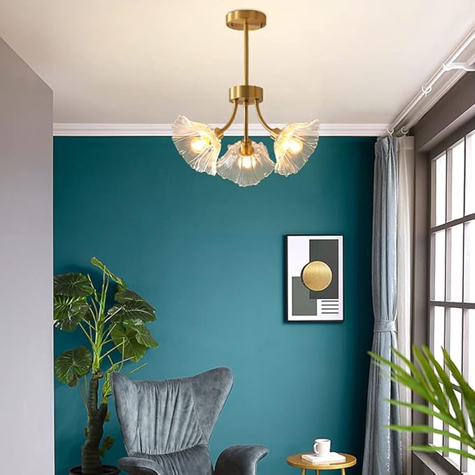 Semi Flush Mount Ceiling Lights Mid Century Modern Ceiling Light Fixture 3-Light Gold Brass Chandelier Lighting with Clear Glass Flower Shape for Bedroom Living Dining Room Hallway
