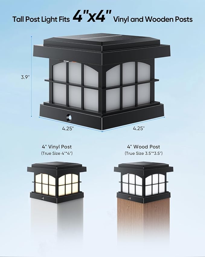 PARTPHONER RGBCW Solar Post Cap Lights 2-Pack, 9 Colors 3 Modes Fence Cap Lights, Bright Solar Outdoor Waterproof LED Deck Lighting for Fence Garden Deck Patio Porch Decor 4x4 Vinyl/Wood, Black