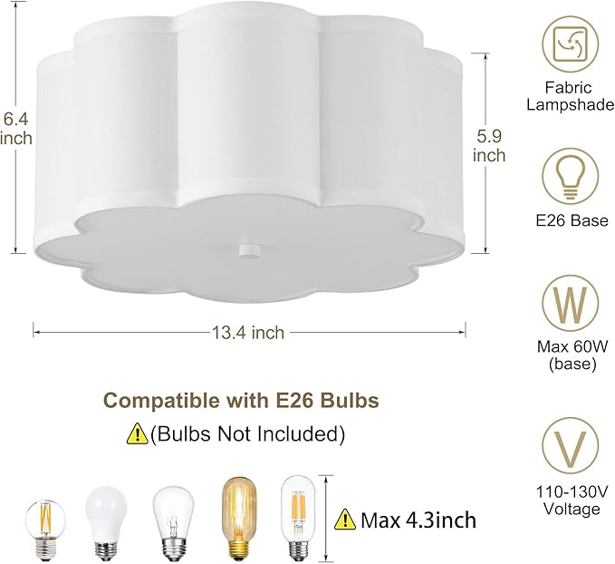 13.4"Semi Flush Mount Ceiling Light Fixture, 3-Light Modern Close to Ceiling Light With Fabric Flower-Shaped Shade, Light Fixtures Ceiling Mount for Bedroom Nursery Kids Room Living Room(White)