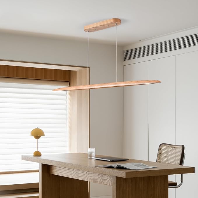 YISDESIGN 39" 24W Wood LED Linear Pendant Light Fixture Led Dining Room Light Dimmable Hanging Light Fixture for Dining Room Kitchen Island Pool Table Lights Natural Wood Color