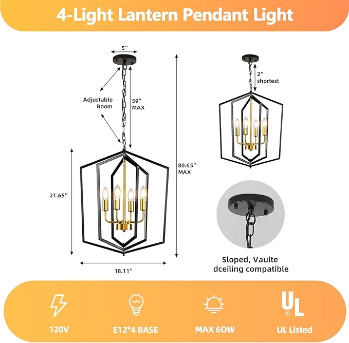 WJShome 18.1" Black and Gold Chandelier, 4-Light Farmhouse Dining Room Light Fixture, Modern Foyer Lighting Fixtures, Rustic Lantern Pendant Light, for Kitchen Island,Staircase,Entryway