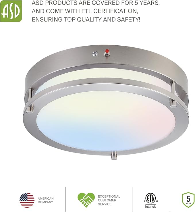 ASD LED 12" Round Flush Mount Lighting, Close to Ceiling Light Fixture | 3CCT, Dimmable, Battery Backup, ETL Listed | 20W 1876LM 3000-5000K 100-277V | Low Profile Double Ring Lamp | Nickel, 4 Pack