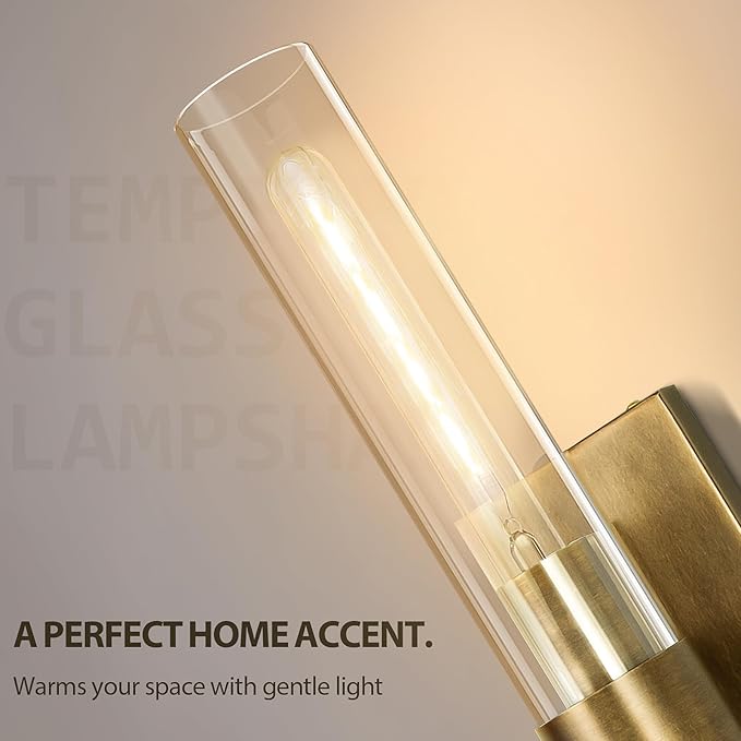 Brass Bathroom Vanity Wall Sconces, 2-Light Glass Tube Wall Sconces, 22.8” Horizontal or Vertical Linear Wall Sconces, Gold Vanity Light, Indoor Wall Sconces, E26 Bulb Included