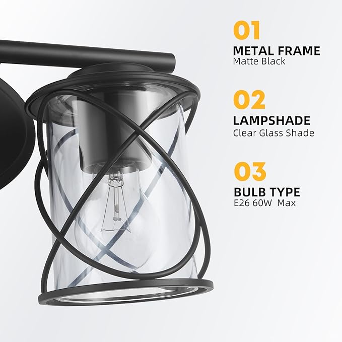 mavcadonf 2-Lights Vanity Lights, Bathroom Light Fixtures Over Mirror, Matte Black Vanity Light, Farmhouse Wall Lights with Clear Glass Shade, Bathroom Wall Lamp for Mirror Kitchen Bedroom
