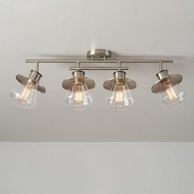 GLOBE Electric 57504 4-Light Track Lighting, Brushed Nickel, Center Bar Detail, Clear Glass Shades