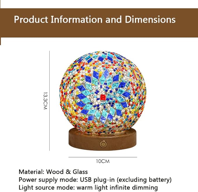 Turkish Table lamp (D:4.7" x H:5.2"),Mosaic Glass Lamps with Wooden Base, Bohemian Tiffany Bedside Lamps, USB power Moroccan Lantern for Living Room Halloween Decorations (Baroque - Pink, Baroque)