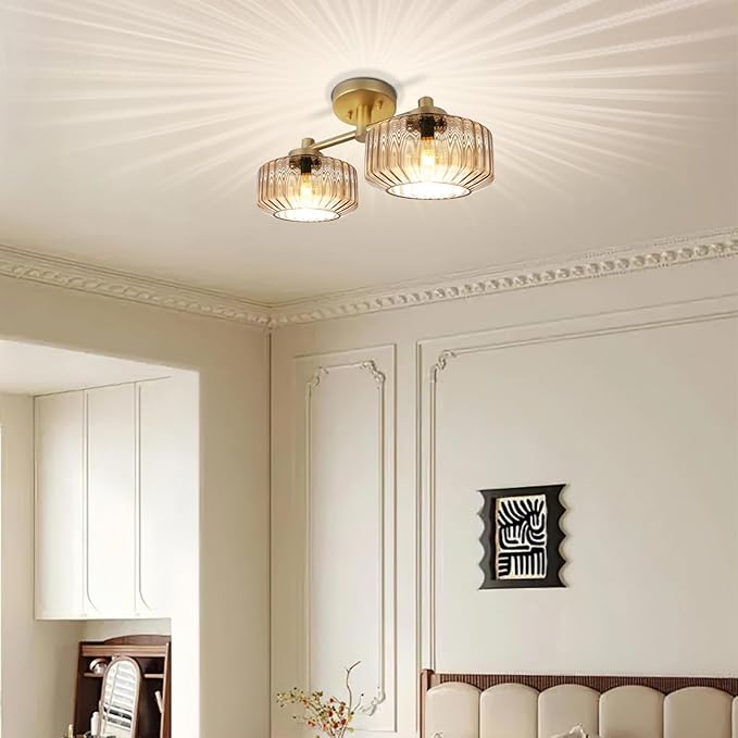 Semi-Flush Mount Ceiling Light Fixture, 2-Light Vintage Chandelier with Amber Glass Shades and Gold Frame, Mid-Century Modern Ceiling Lamp for Kitchen Island, Dining Room, Bedroom