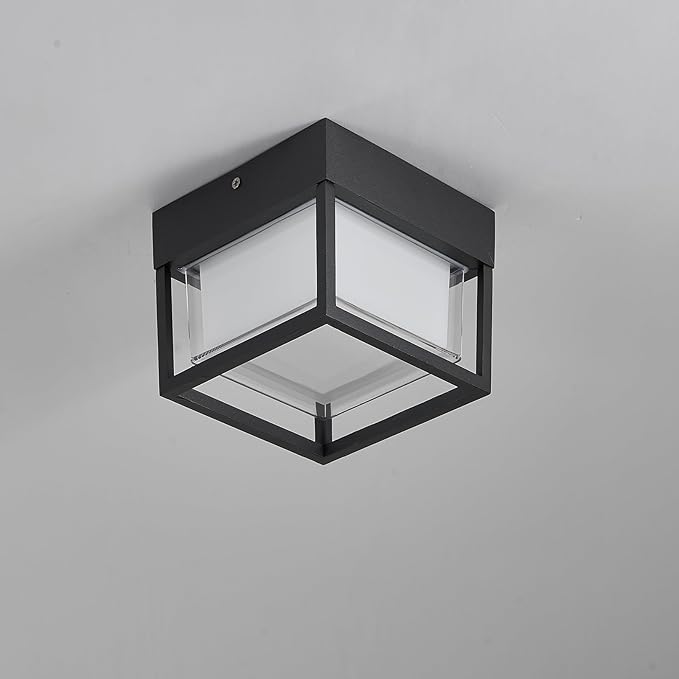 Outdoor Ceiling Porch Light LED Flush Mount for Wall or Ceiling, Square Exterior Wall Lamp for Front Porch,Garage, Hallway, Patio, 3000K, 15W, 6.3inch(Black)