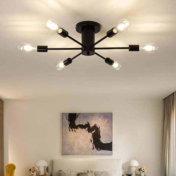 6-Lights Semi Flush Mount Ceiling Light, Matte Black Close to Ceiling Lighting with E26 Base, Modern Sputnik Light Fixtures for Living Room Bedroom Kitchen Dining Room