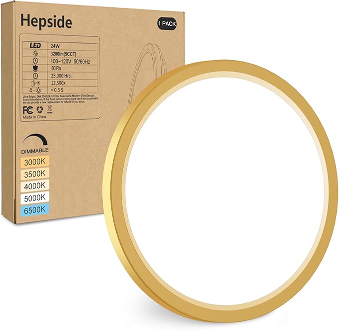 hepside LED Flush Mount Ceiling Light Fixture Golden, 12Inch 24W, Dimmable&3000K-6500K Adjustable Low Profile Ceiling Lights, 3200LM Modern Lamp for Kitchen, Bedroom, Porch, Hallway, White