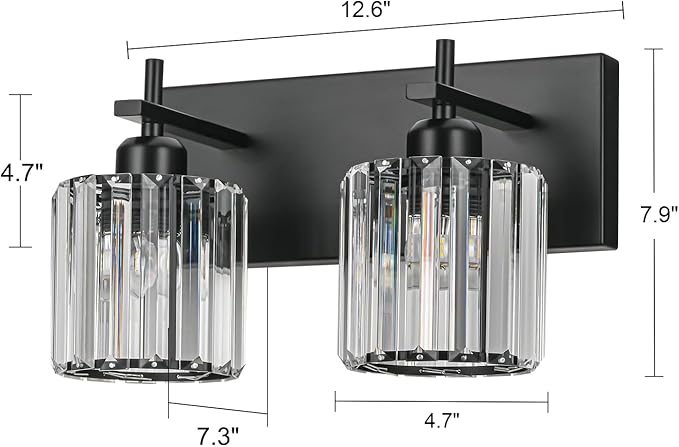 Black Crystal Bathroom Vanity Lights, Modern 2-Lights Bathroom Lighting Fixtures Over Mirror, Crystal Wall Lighting with Round Shade