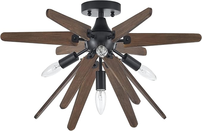4-Light Sputnik Semi Flush Mount Light Black, Wood Hallway Lights, Farmhouse Light Fixture for Kitchen, Rustic Close to Ceiling Light Fixture for Entryway Laundry Nursery Bedroom