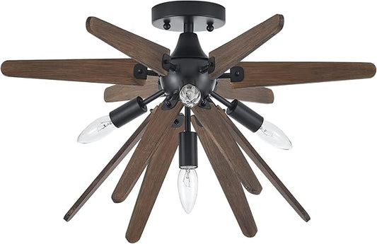 4-Light Sputnik Semi Flush Mount Light Black, Wood Hallway Lights, Farmhouse Light Fixture for Kitchen, Rustic Close to Ceiling Light Fixture for Entryway Laundry Nursery Bedroom