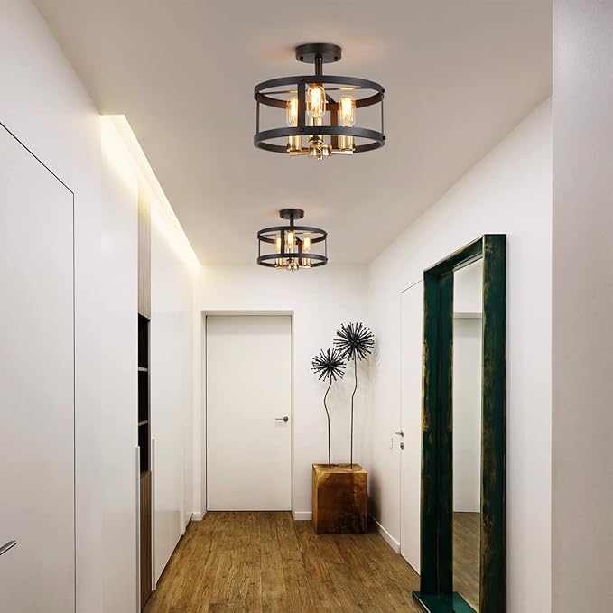 AGV LIGHTING Farmhouse Semi Flush Mount Ceiling Light Fixture， 3-Light Close to Ceiling Light, Shiny Gold & Matte Black Finish