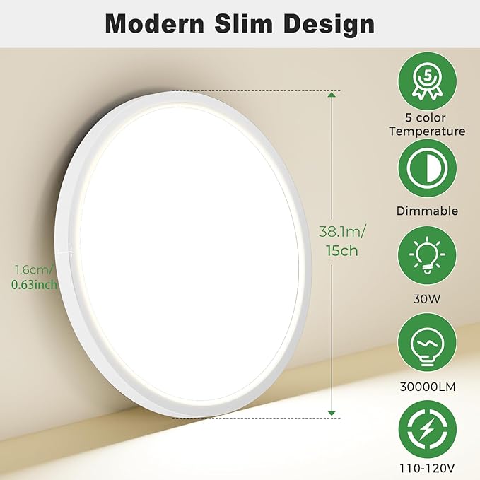 zemty 2Pack 15" LED Flush Mount Ceiling Light, 30W Dimmable 5CCT (3000K–6500K) White Round Fixture | Bright Low-Profile Lighting for Bedroom, Kitchen, Hallway, Living Room