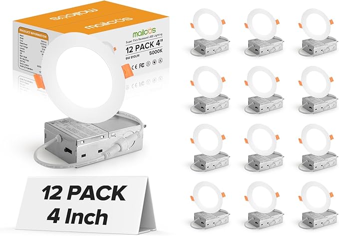 MAILCOS 12 Pack 4 Inch Ultra-Thin LED Recessed Ceiling Light with Junction Box, 5000K Daylight, 810LM High Brightness, Dimmable Canless Wafer Downlight, 9W 120V, ETL