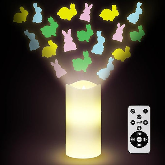 Baquler Easter Bunny Decor Flameless Candles Projector Lights Easter LED Candle Battery Operated Bunny Night Light with Remote Timer Gift Basket Party for Spring Farmhouse Table Home Decor
