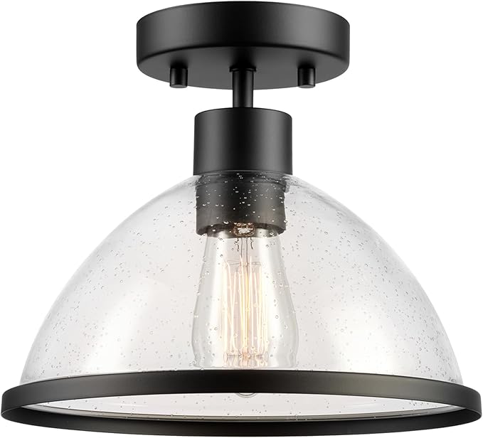 Globe Electric 60000121 1-Light Outdoor Flush Mount Ceiling Light, Matte Black, Seeded Glass Shade, Weather Resistant, Indoor