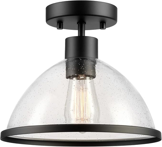 Globe Electric 60000121 1-Light Outdoor Flush Mount Ceiling Light, Matte Black, Seeded Glass Shade, Weather Resistant, Indoor