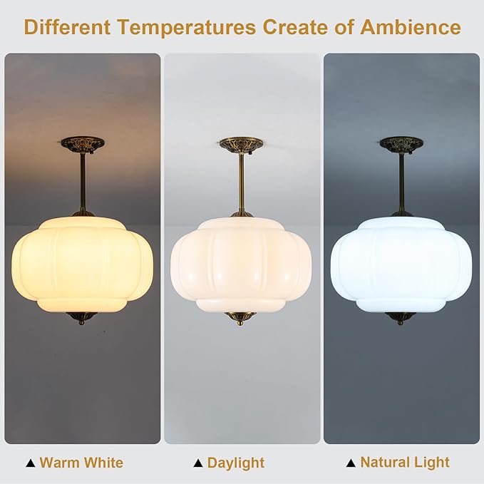 Vintage Milk Glass Ceiling Light Fixture, 15" Mid Century Semi Flush Mount Ceiling Light, Antique Pendant Light for Entryway, Foyer, Kitchen, Hallway, Dining Room, Bedroom