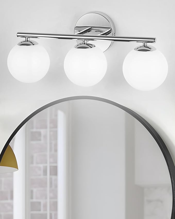 Globe Bathroom Light Fixtures Chrome Vanity Light with Plastic Milk White Globe Shades 11.81 inch Wall Sconce Lighting Over Mirror, 3-Light Vanity Lights for Bathroom Hallway Living Room