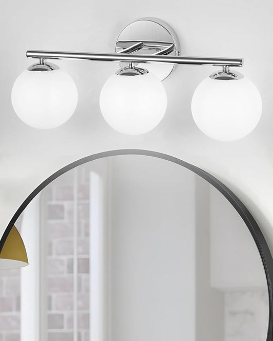 Globe Bathroom Light Fixtures Chrome Vanity Light with Plastic Milk White Globe Shades 11.81 inch Wall Sconce Lighting Over Mirror, 3-Light Vanity Lights for Bathroom Hallway Living Room