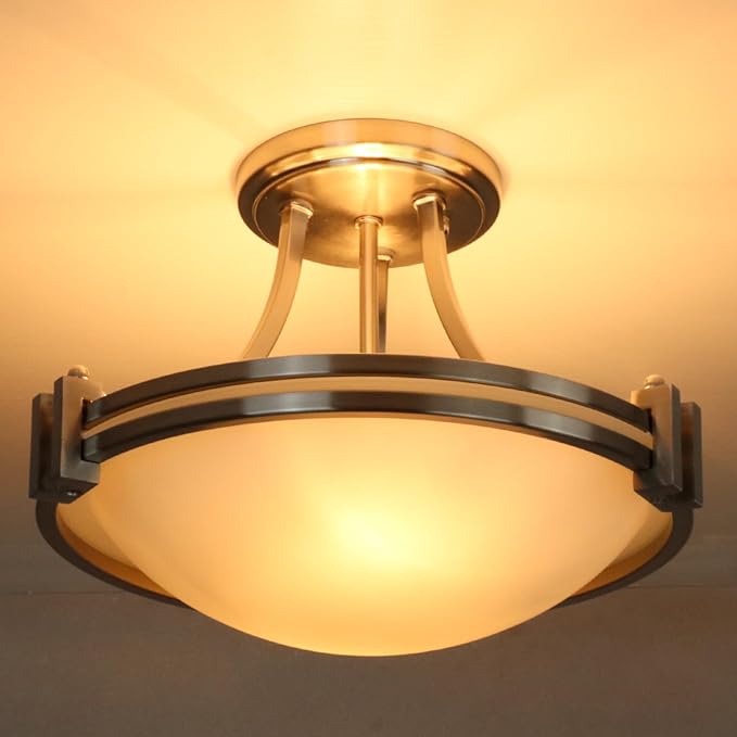 Brushed Nickel Semi Flush Mount Ceiling Light 12-Inch 2-Light Modern Milk Glass Light Fixture Flush Mount for Bedroom Hallway Staircase