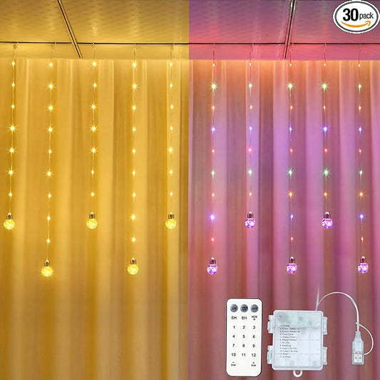 Wishing Ball Curtain Lights Battery Operated, 10ft x 3.3ft Warm White & Multicolor Fairy String Lights Curtain, Timer & IR Remote for Bedroom Backdrop Indoor Outdoor Christmas Party Decor