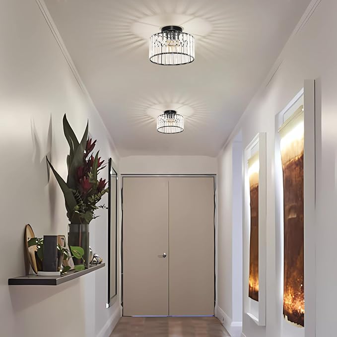Modern Ceiling Light, Crystal Hallway Semi Flush Mount Ceiling Lighting Fixture, Black Metal Close to Ceiling Lamp for Bathroom Entryway Bedroom Porch Kitchen Living Room