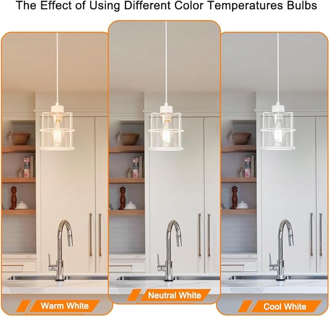 Modern White Industrial Pendant Light Fixtures Set of 2, Clear Glass Cage Pendant Light Kitchen Island, Adjustable Cord Hanging Light for Kitchen Island Decor, Over Sink Lighting Fixtures for Bathroom