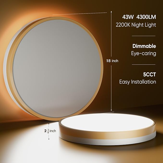 Lightania 18 Inch Flush Mount Ceiling Light with Remote Control & Night Light, 5CCT Dimmable Ceiling Light Fixture, 43W 4300LM 2700K-6500K Adjustable LED Ceiling Lights for Bedroom Kitchen, White Gold