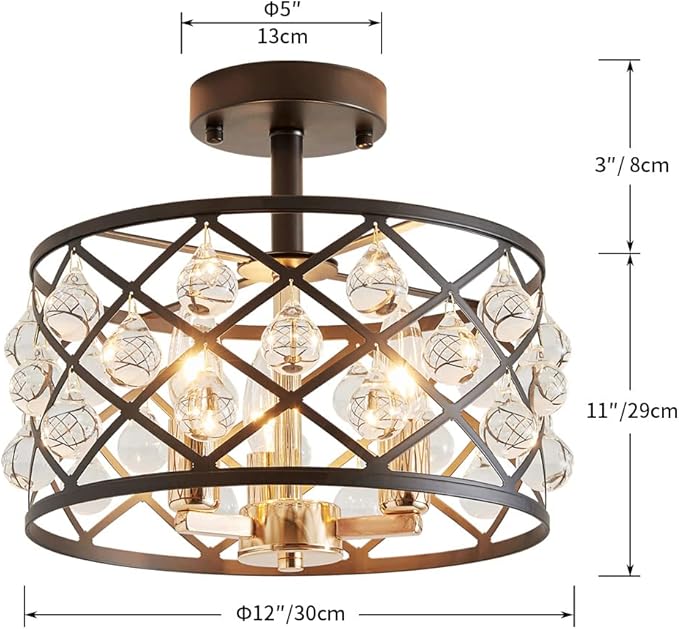 AGV LIGHTING CH013BB Farmhouse Semi Flush Mount Ceiling Light Fixture, E12 Base 3-Lights, D13 x H12, Matte Black & Light Gold Finish