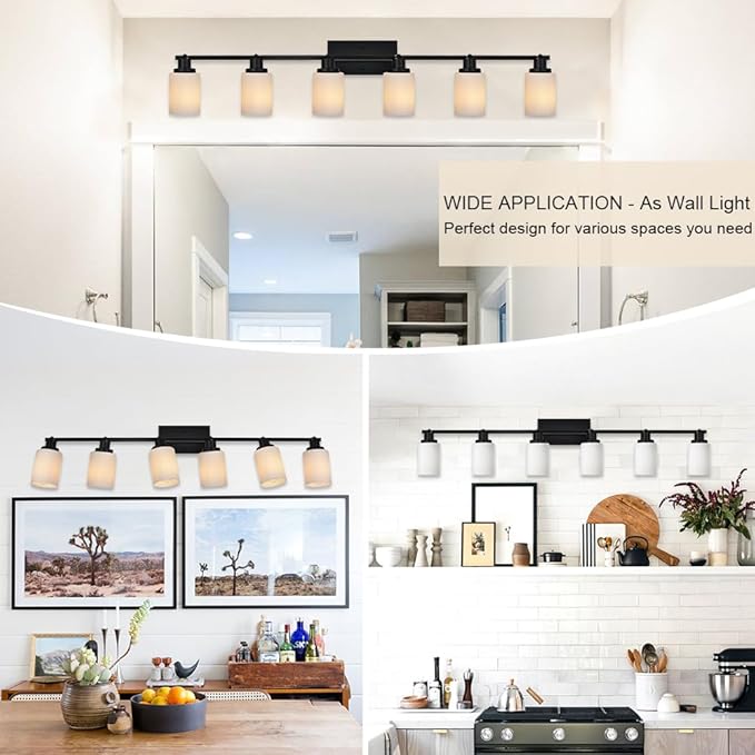 TODOLUZ 6-Lights Track Lighting Fixtures, Black Modern Bathroom Light Fixtures Ceiling with Rotatable Track Head & Opal White Glass, Wall Mounted Track Light for Kitchen