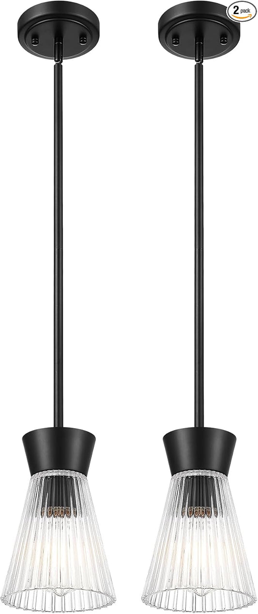 Pendant Lights Kitchen Island, HWH Hanging Light Fixture Set of 2, 5.6 Inch Pendant Light Fixtures Ceiling with Clear Striped Glass, Matte Black Finish, 5HZG107MIL-2PK BK