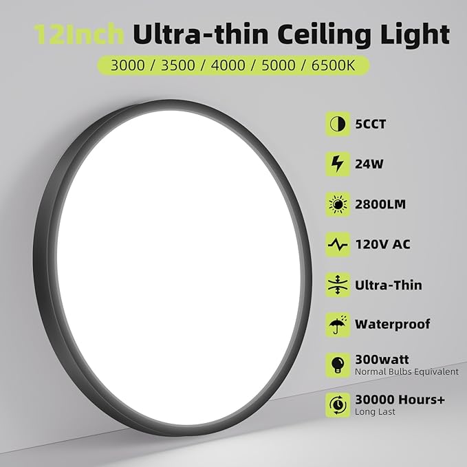 hepside 6Pack 12Inch LED Flush Mount Ceiling Light Fixture 5CCT 24W 2800LM Closet Light Fixture,Small Round Slim Surface Ceiling Lamp for Hallway,Bathroom,Bedroom,Kitchen,Interior