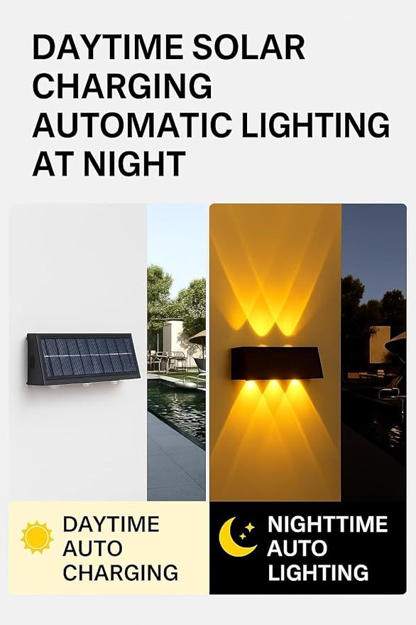 Solar Wall Lights Outdoor Waterproof 3 Pack, Up & Down Warm White LED Lighting, 12 Hours Dusk to Dawn Solar Fence Lights for Garden, Porch, Patio, Sconce, Garage, Pathway - Easy Install