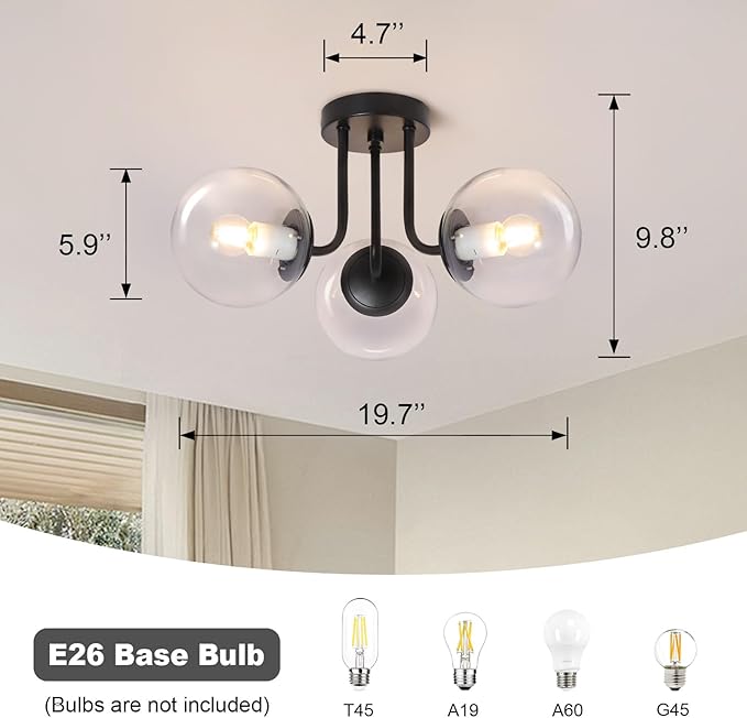 Bektas 3-Lights Semi Flush Mount Ceiling Light Fixture Matte Black Light Fixture Bend Modeling with Transparent Glass Shade for Bedroom,Living Room,Dinning Room Foyer Hallway