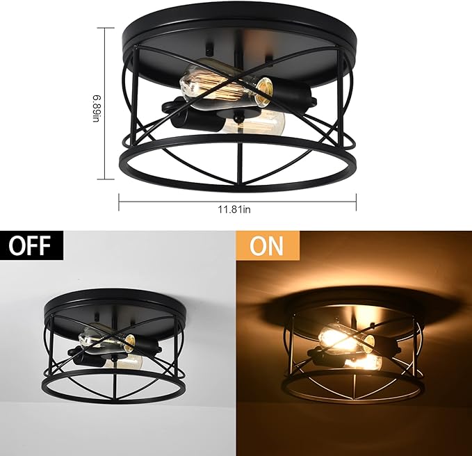 2-Light Flush Mount Ceiling Light Fixture, Industrial Modern Black Ceiling Lamp, Vintage Farmhouse Light Fixture for Hallway, Bedroom, Dining Room, Living Room, Kitchen, Entryway