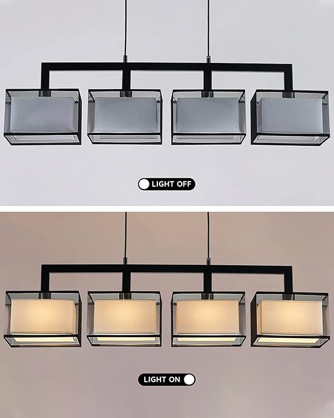 Linear Chandelier for Dining Room, Modern 4 Light Kitchen Island Lighting with Fabric Lampshade, Rectangular Chandeliers for Living Room Restaurant, Black, L44IN x W7IN x H12IN