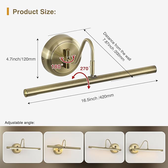 JOOSENLUX Modern LED Picture Lights Fixtures,Art Decor Metal Artwork Mini Accent Spotlights 16.54" Inch,7W(45W Eqv.),Natural White 3000K,Hardwire Swing Arm, Antique Bronze Finish