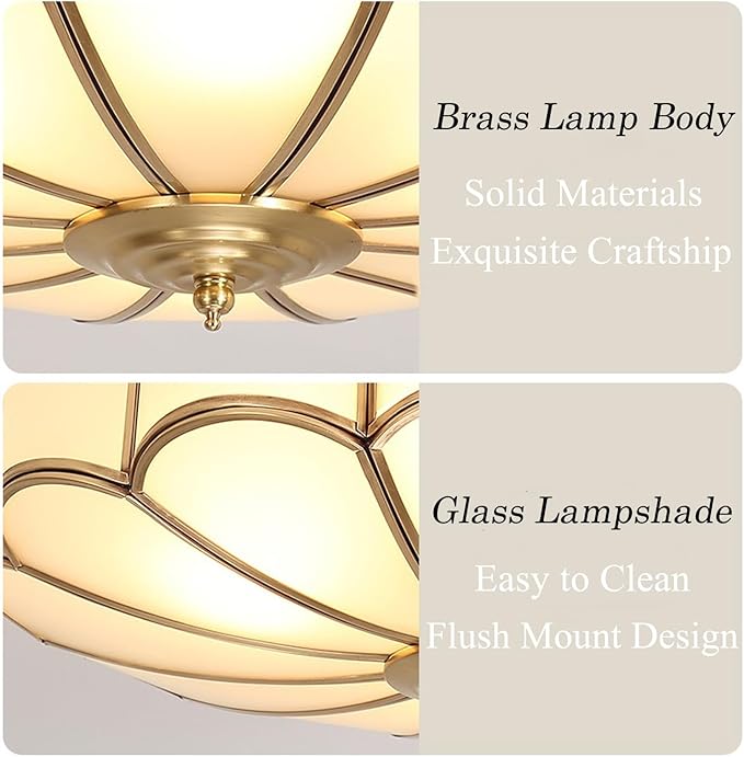 MIXL-Mid Century Brass Flush Mount Ceiling Light,14 Inch Bedroom Light Fixture,Vintage Style Ceiling Lamp for Living Room and Entyrway