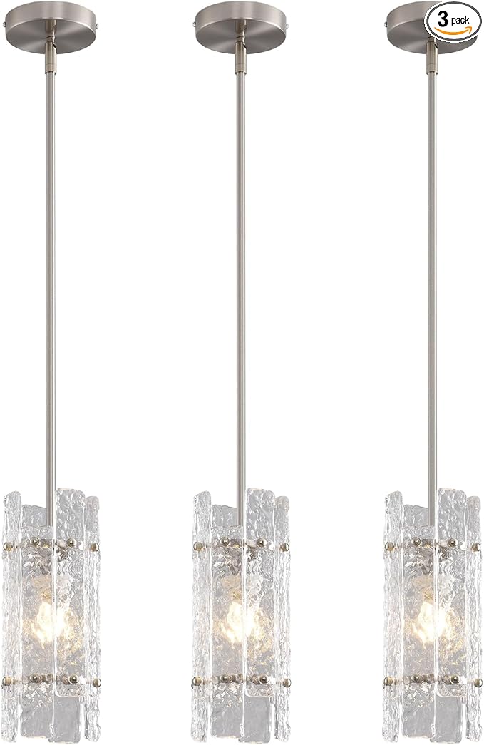 Brushed Nickel Glass Pendant Light for Kitchen Island, Luxury Mini Water Ripple Crystal Chandelier Fixture, Modern round Adjustable Hanging Pendant Lighting for Dining Room Bathroom Hallway (3-Pack)